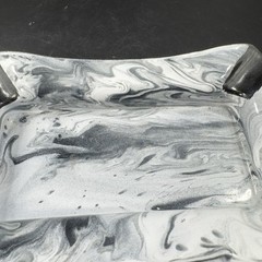 Vintage Enameled Metal Marbled Gray White Black Ashtray Dish Bowl Decorative
