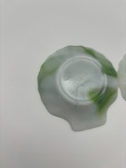 2 Akro Agate Clam Shell Green & Opaque White Swirl Glass Trinket Dish Ashtray