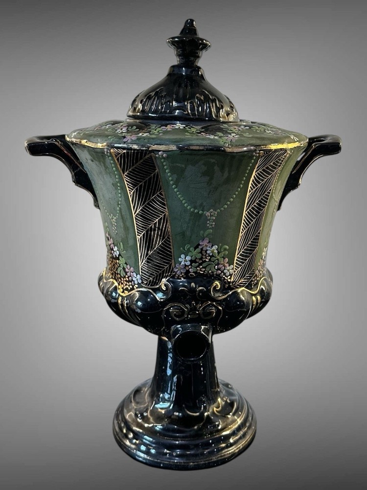 Antique Samovar Tea Urn Jackfield Black Jet Ware Hand-Painted