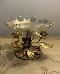 VTG Italy Gold Gilt Tole Metal Leaves/Roses Glass Candy Dish-Compote-Hollywood!