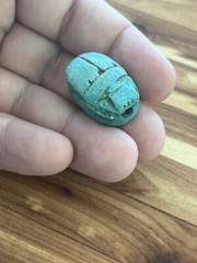 Medium Vintage Antique Egyptian Carved Faience Scarab blue Beetle Focal Bead