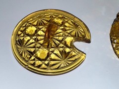 EAPG Glass 3 Footed Bowl Amber Daisy & Button Cauldron Dish with lid 3” VTG