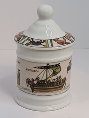 Limoges France Tapisserie de Bayeux Jar Cannister & Lid Porcelain Ht 12cm D 6cm
