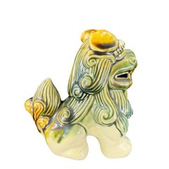 Vintage 1980s Ceramic Majolica Green Foo Dogs Set 2 Shishi Lions Good Luck vtg