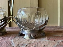 Art Nouveau Pewter Crystal Caddy, Bingit Zinn Jugendstil Condiment Server