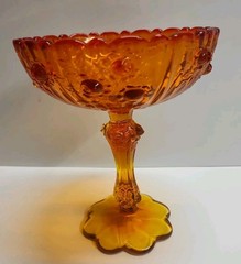 Vintage Amberina Glass Fenton Cabbage Roses Compote Pedestal Candy Dish 7.5″