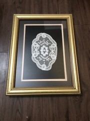 Antique Delicate Handmade White Lace In A Gold Frame Ready to Hang 15” X 12”