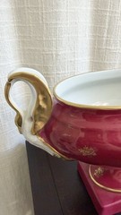 French Limoges Hand Painted Porcelain Pedestal Compote Bowl Red Floral Gilt