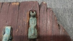 Antique Faience 3 AmuletS On A Red Piece Of Wood From EGYPT