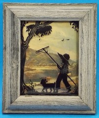 Pair Reverse Painted Silhouettes Framed Bubble Glass Small Country Boy W/Dog1930