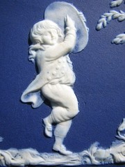 WEDGWOOD LIKE RARE DARK BLUE DIP PLAQUE OF CUPIDS & BOY TAMBORINE, GIRL TRIANGLE