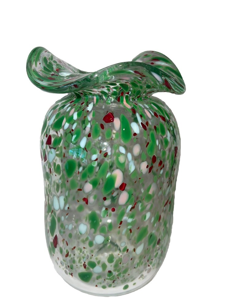 Vintage Artist Signed Speckled Confetti Hand Blown Ruffled Art Glass Vase
