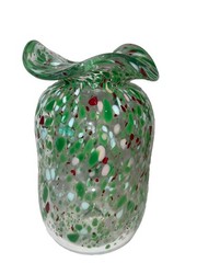 Vintage Artist Signed Speckled Confetti Hand Blown Ruffled Art Glass Vase