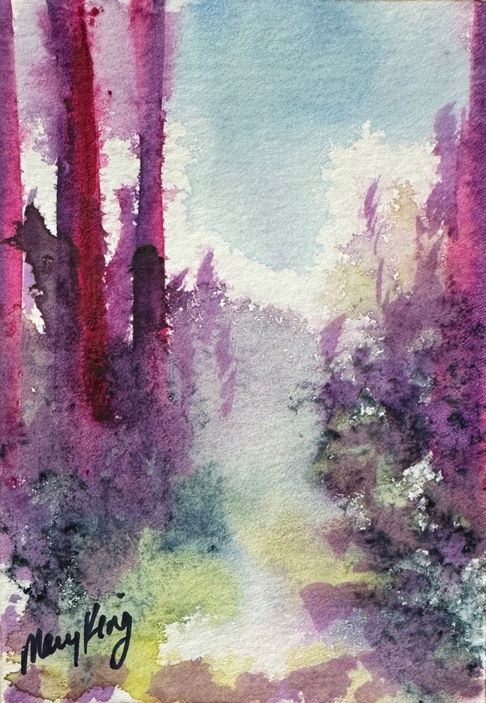 Watercolor ACEO Original Painting by Mary King – Violet Forest