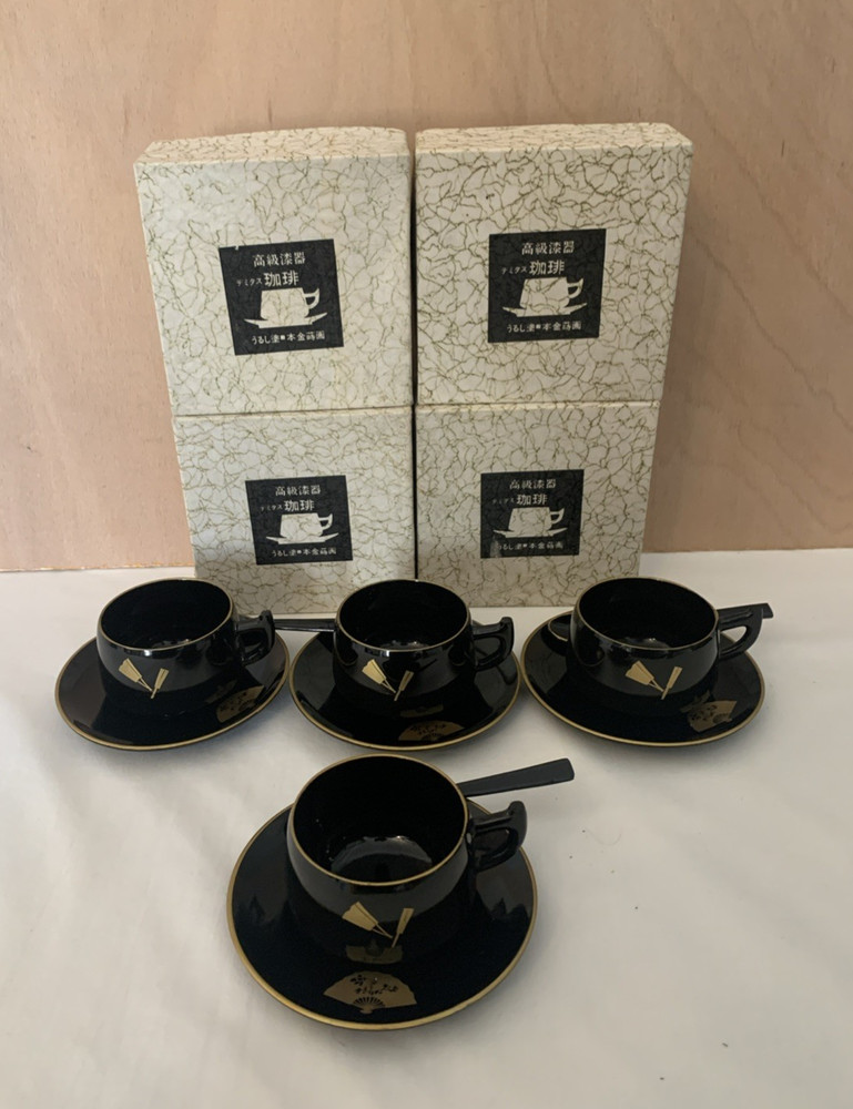 Black Gold Plastic Lacquerware Japan Demitasse 4 Coffee Cups & Saucers 3 Spoons