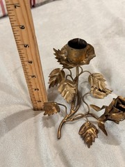 Vintage Italian Guilt Tole Candle Holder Featuring Rosebud, Leafs And Vine