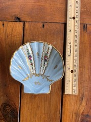 Limoges, France, Hand Painted Sea Shell Trinket Tray, Blue, Gold, Flowers