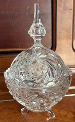 Czech Pinwheel Star of David Crystal Cut Glass 3 footed Candy Dish w Steeple Lid
