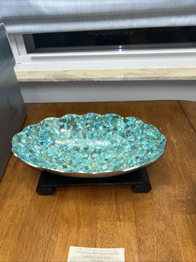 Jay King Green/blue Turquoise Mosaic Scalloped Stainless Edge Bowl