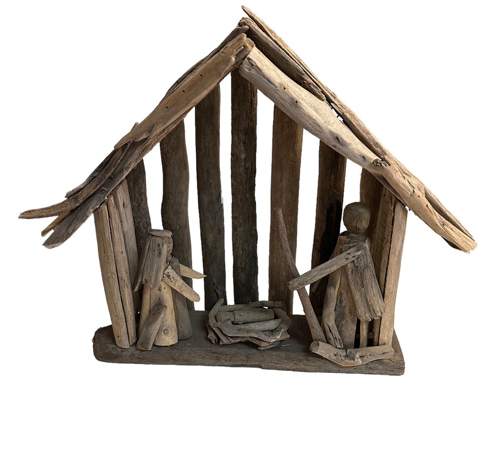 Vtg Driftwood Nativity Creche Hand Crafted Wood Sticks Folkart Rustic Display