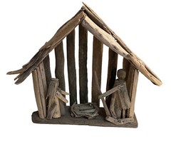Vtg Driftwood Nativity Creche Hand Crafted Wood Sticks Folkart Rustic Display