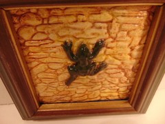 Modern framed decorative tile with high relief frog; Studio label on reverse