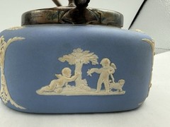Rare Wedgwood Blue Jasperware Biscuit Barrel Square Metal Lid England 5 3/4” Sq
