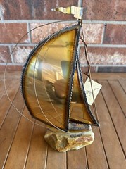 DeMott 10″ Sail Boat Brass Copper Art Sculpture on Striated Rock Base Signed