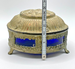 Vintage Art Nouveau Silver Over Pewter Lidded Candy Bowl Cobalt Blue Glass