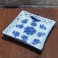 Porcelain Lace Cut Trinket Coin Candy Nut Dish Blue White Flower Wall Hanging