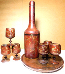 Unbranded~Wooden Folk Art Decanter with 6 Stem Cups and Serving Tray Vintage