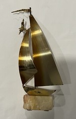 Handcrafted John DeMott Brass Sailboat Seagull Onyx Base Nautical Sculpture 12”