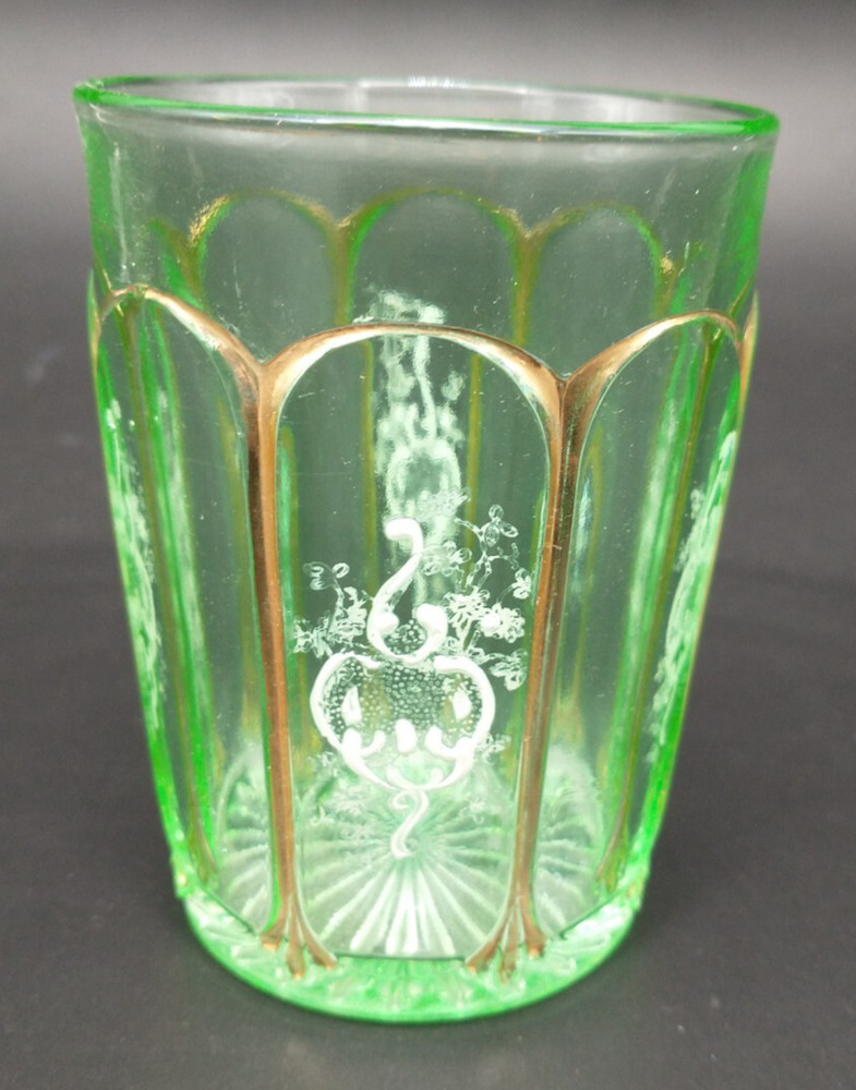 Antique Green White Enameled White Design Tumbler Gold Detail