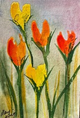 ACEO Original Mixed Media Painting by Mary King – Tulips in Spring