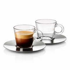 Pair of Nespresso View Collection Glass Expresso Cups & Stainless Steel Saucers