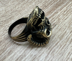 Large Rocker Bronze Ring with Skull and Horns Antique Ancient Rare