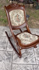 Vintage Mid Century Folding Rocking Chair Wood Tapestry Floral Upholstery