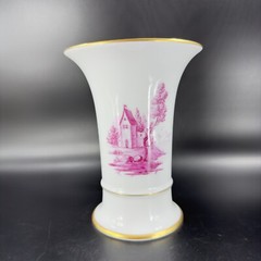 1975 Hochst German Vase Magenta House Church with Gold Trim Germany Porcelain