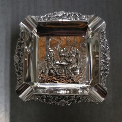 Antique Collectible Metal Cigarette Ashtray Men Sitting Around A Table Rare