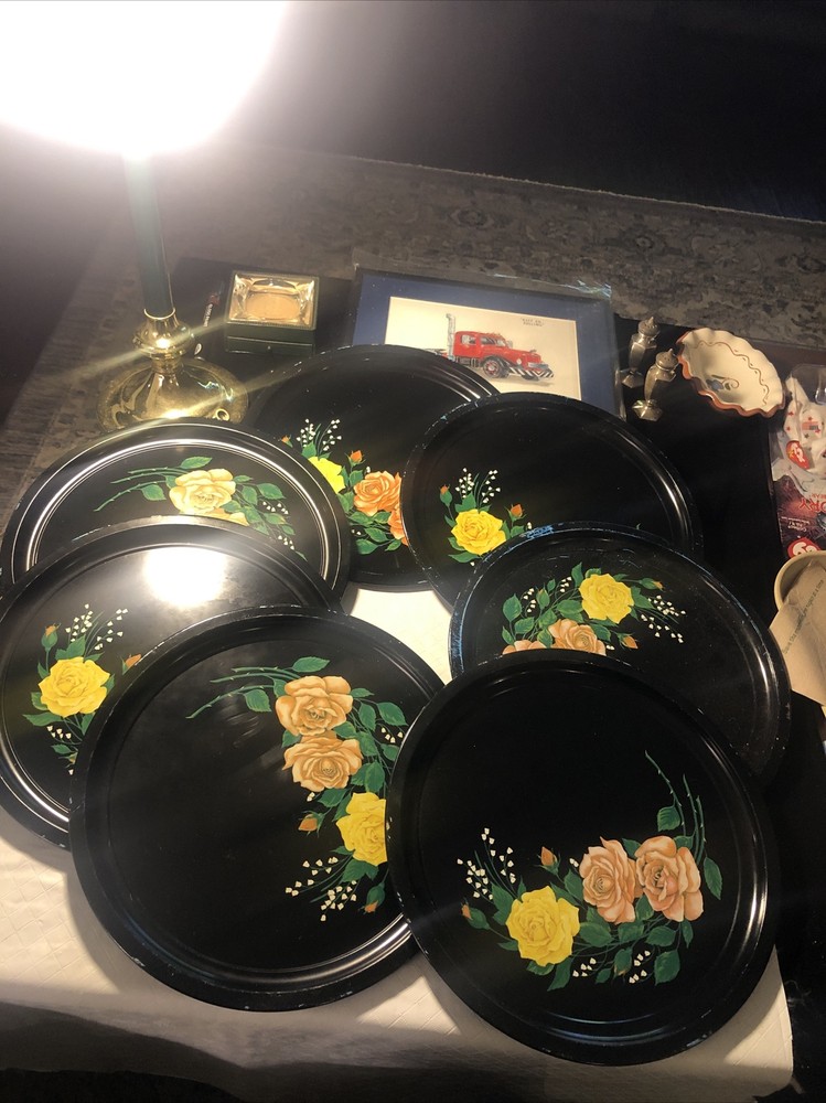 Vintage Floral Roses Tole Ware Round Trays Plates Decor Set 12” Dia