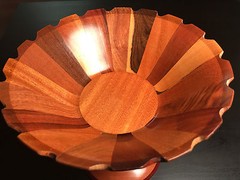 Multi-Colored Segmented Turned Wood Pedestal Bowl with Cut Out Rim Design