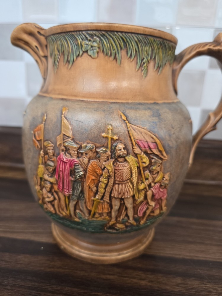 Historic Christopher Columbus Landing Scene • Hand Painted Relief Pottery •…