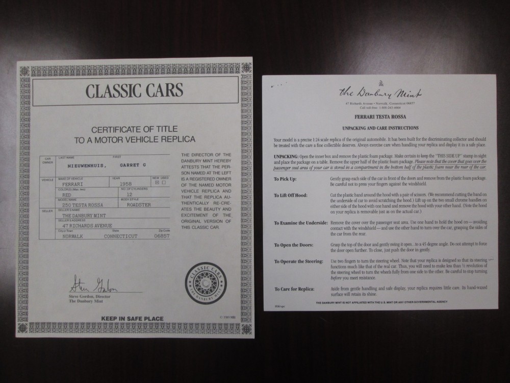 Danbury Mint Paperwork 1958 Ferrari Testa Rossa
