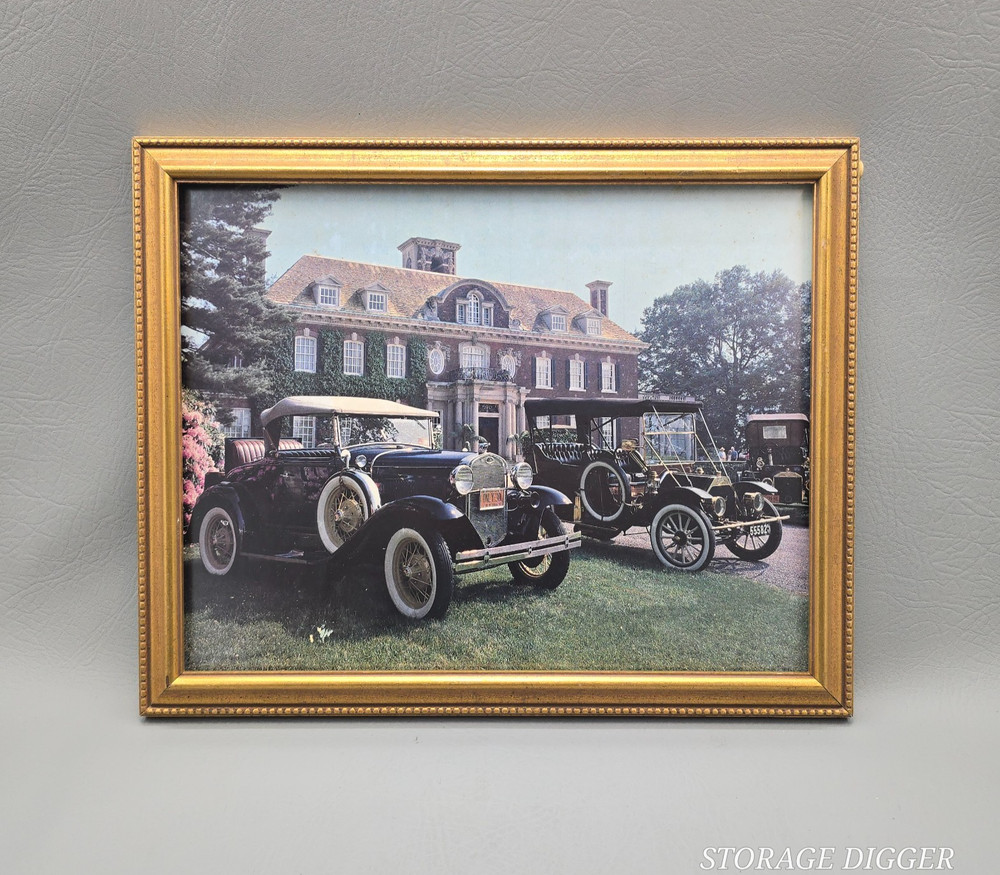 VTG Old Cars and House Wall Hanging Photo Picture, Gold Toned Frame 15.5″ x 12″
