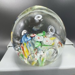 Hand Blown Art Glass Paperweight With Large Bubbles Multicolored Millefiori VTG