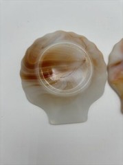 2 Akro Agate Clam Shell Brown & Opaque White Swirl Glass Trinket Dish Ashtray