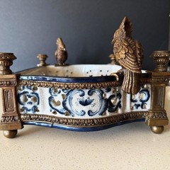 CASTILIAN Footed Centerpiece Planter Candleholder Porcelain Crackle Bronze Birds