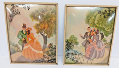 2 VTG ANTIQUE SILHOUETTE REVERSE PAINTED LOVERS CONVEX GLASS VICTORIAN PICTURES