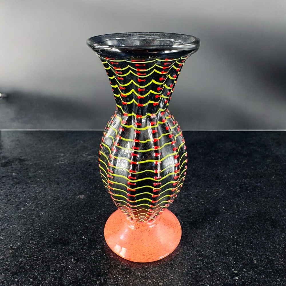 Hand Blown Studio Art Glass Vase Halloween Decor Artist Signed Red Black Spider