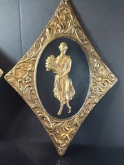 1960s Sears Hollywood Regency Repousse Metal Greek Goddess Plaques Set 11″